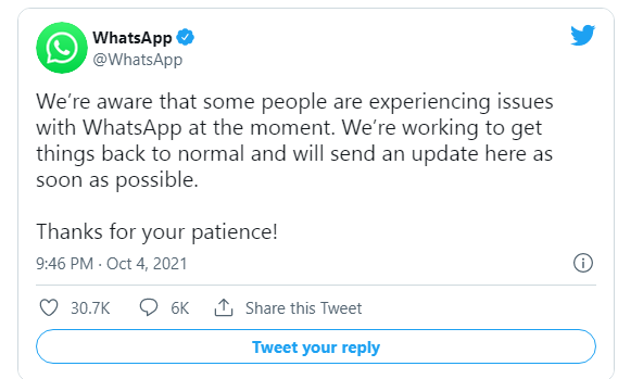 WhatsApp acknowledged the outage on Twitter: