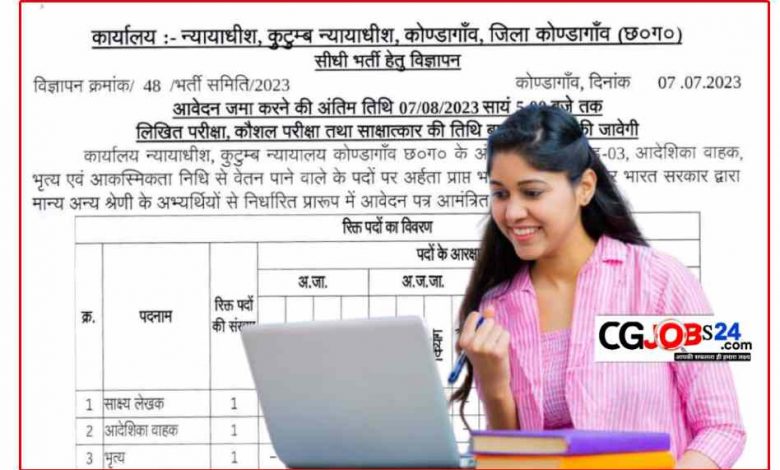 कुटुम्ब न्यायालय कोंडागांव भर्ती के लिए योग्य एवं इच्छुक उम्मीदवार जिला न्यायालय कोंडागांव की ऑफिशल वेबसाइट districts.ecourts.gov.in पर जाकर आवेदन फार्म डाउनलोड करने के पश्चात अपनी संपूर्ण शैक्षणिक योग्यता संबंधित दस्तावेजों के साथ निर्धारित प्रारूप में विभाग द्वारा निर्धारित पते पर पंजीकृत डाक स्पीड पोस्ट के माध्यम से छत्तीसगढ़ राज्य के स्थानीय मूलनिवासी आवेदन प्रस्तुत कर सकते हैं।